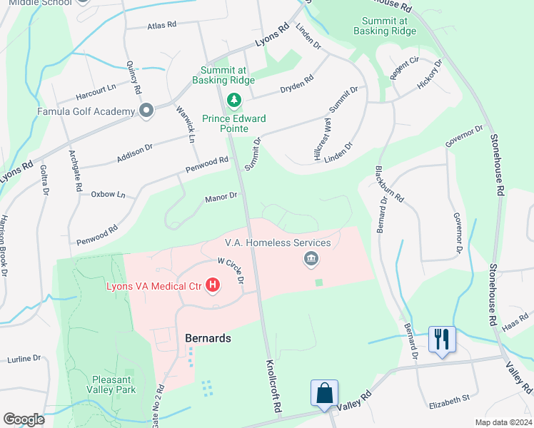 map of restaurants, bars, coffee shops, grocery stores, and more near 8 Valley View Drive in Bernards