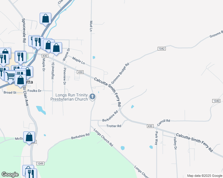 map of restaurants, bars, coffee shops, grocery stores, and more near 49573 Calcutta-Smith Ferry Road in Calcutta
