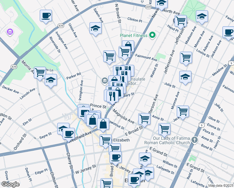 map of restaurants, bars, coffee shops, grocery stores, and more near 440 North Broad Street in Elizabeth