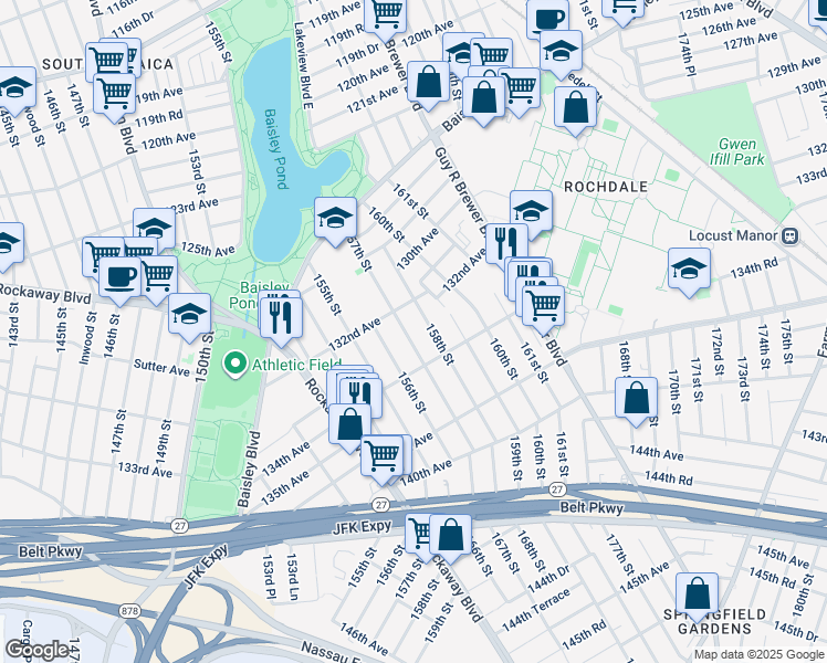 map of restaurants, bars, coffee shops, grocery stores, and more near 132-27 157th Street in Queens