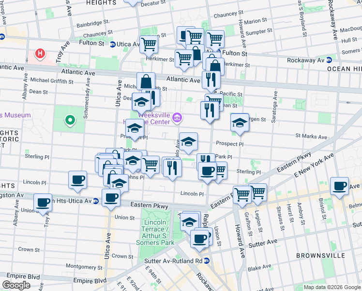 map of restaurants, bars, coffee shops, grocery stores, and more near 1568 Prospect Place in Brooklyn