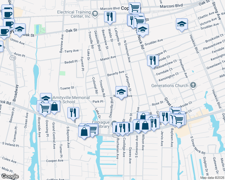 map of restaurants, bars, coffee shops, grocery stores, and more near 160 Deauville Blvd in Copiague