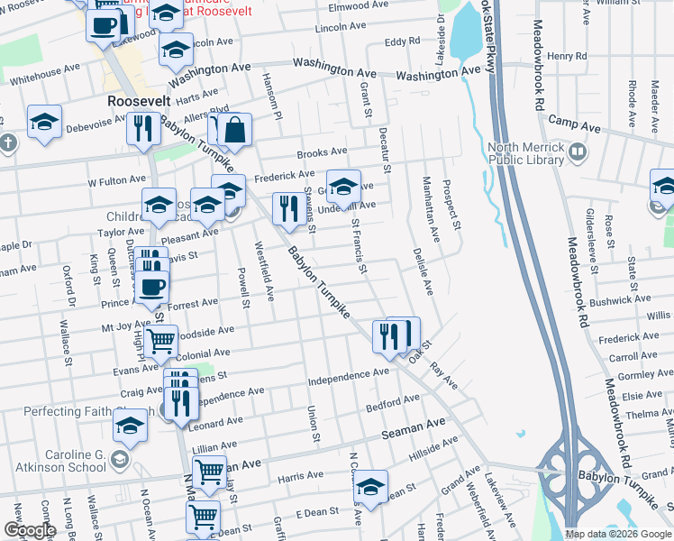 map of restaurants, bars, coffee shops, grocery stores, and more near 28 Cumberland Avenue in Roosevelt