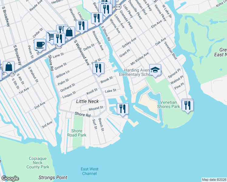 map of restaurants, bars, coffee shops, grocery stores, and more near 69 Lake Street in Lindenhurst
