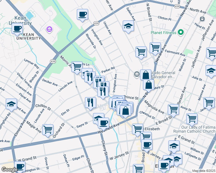 map of restaurants, bars, coffee shops, grocery stores, and more near 380 Irvington Avenue in Elizabeth