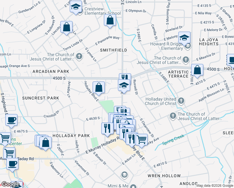 map of restaurants, bars, coffee shops, grocery stores, and more near 4560 Holladay Boulevard east in Holladay