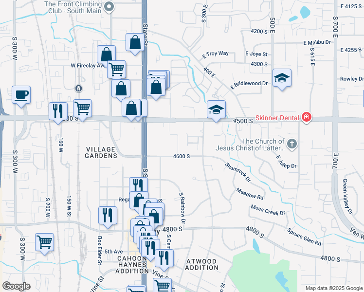 map of restaurants, bars, coffee shops, grocery stores, and more near 4571 South 200 East in Murray