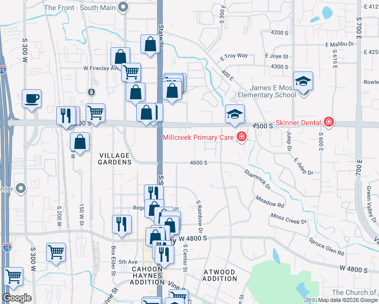 map of restaurants, bars, coffee shops, grocery stores, and more near 155 4600 South in Murray