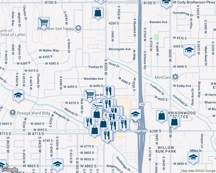 map of restaurants, bars, coffee shops, grocery stores, and more near 4011 West 4490 South in West Valley City