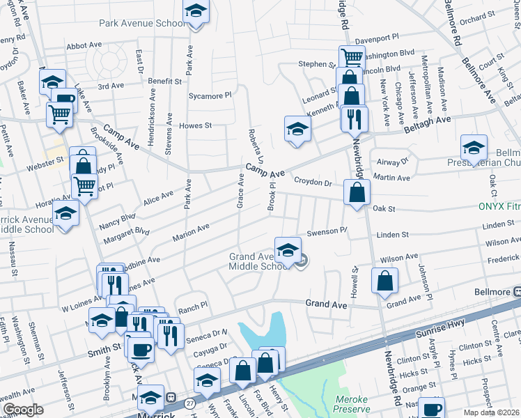 map of restaurants, bars, coffee shops, grocery stores, and more near 219 Woodbine Avenue in Merrick