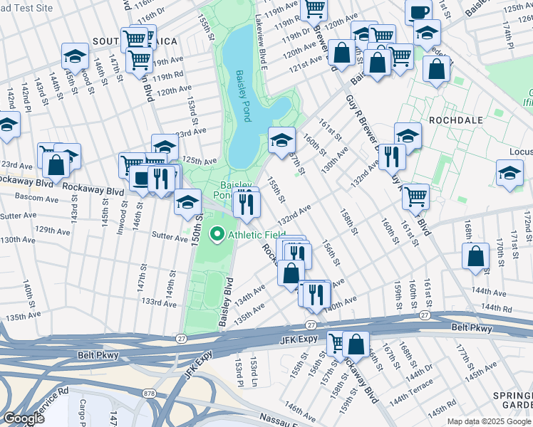 map of restaurants, bars, coffee shops, grocery stores, and more near 129-49 154th Street in Queens