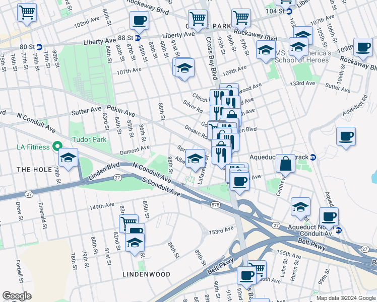map of restaurants, bars, coffee shops, grocery stores, and more near 137-02 Whitelaw Street in Queens