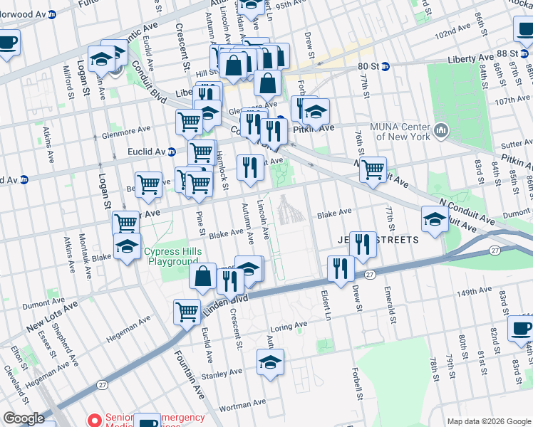 map of restaurants, bars, coffee shops, grocery stores, and more near 675 Lincoln Avenue in Brooklyn