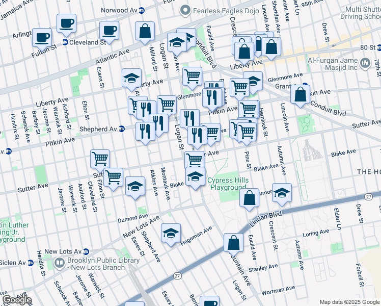 map of restaurants, bars, coffee shops, grocery stores, and more near 1163 Sutter Avenue in Brooklyn