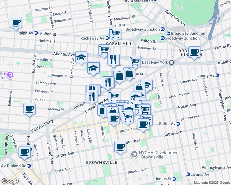 map of restaurants, bars, coffee shops, grocery stores, and more near 317 Rockaway Avenue in Brooklyn
