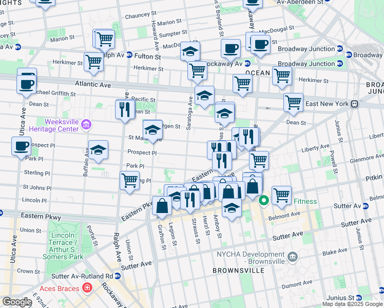 map of restaurants, bars, coffee shops, grocery stores, and more near 384 Saratoga Avenue in Brooklyn