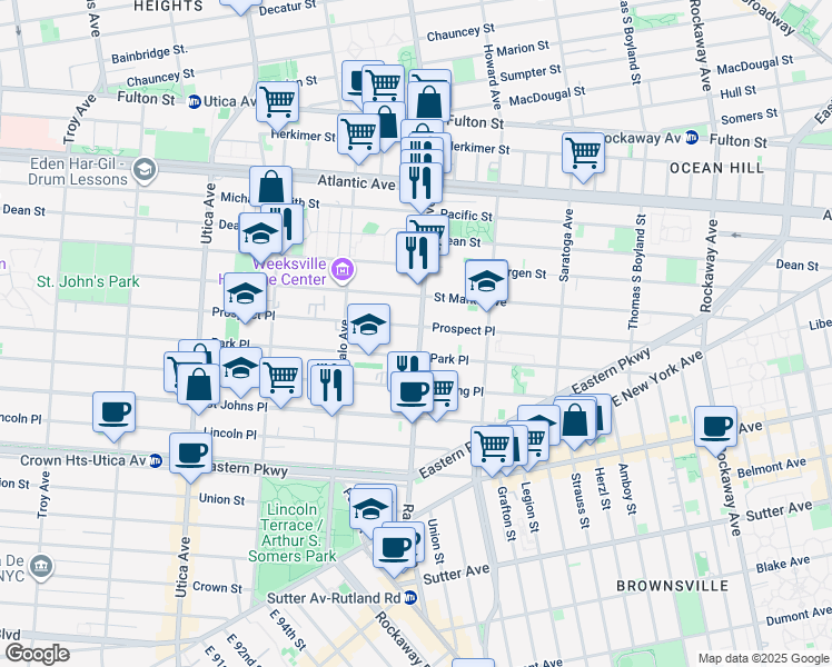 map of restaurants, bars, coffee shops, grocery stores, and more near 1618 Prospect Place in Brooklyn