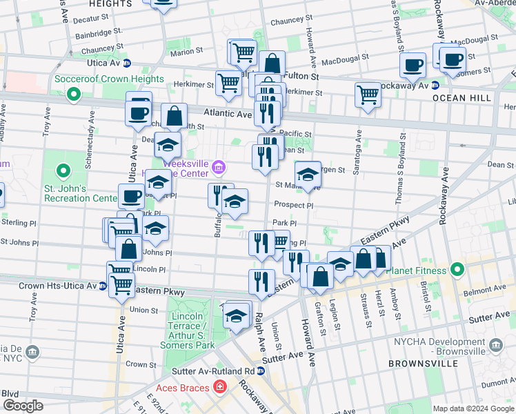 map of restaurants, bars, coffee shops, grocery stores, and more near 1618 Prospect Place in Brooklyn