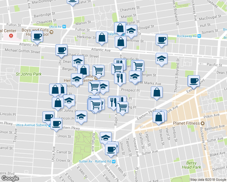 map of restaurants, bars, coffee shops, grocery stores, and more near 1618 Prospect Place in Brooklyn