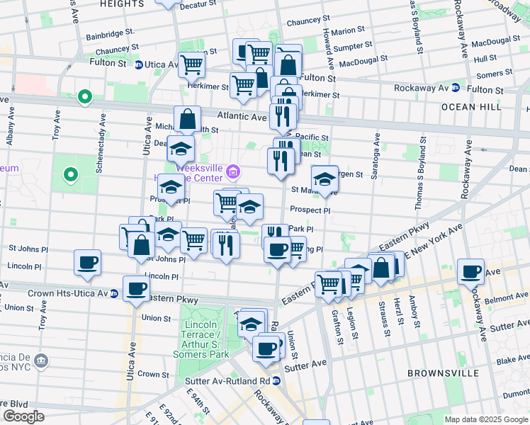 map of restaurants, bars, coffee shops, grocery stores, and more near 1618 Prospect Place in Brooklyn