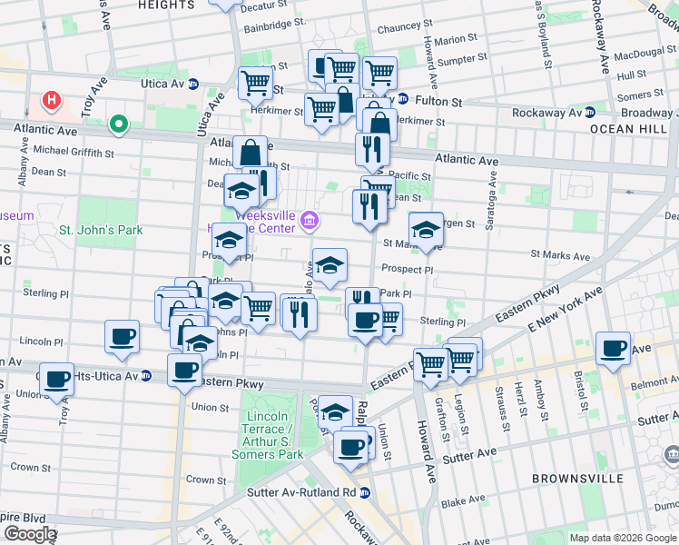 map of restaurants, bars, coffee shops, grocery stores, and more near 1568 Prospect Place in Brooklyn