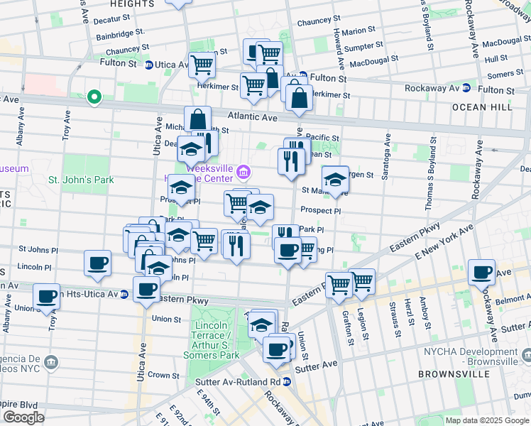 map of restaurants, bars, coffee shops, grocery stores, and more near 1568 Prospect Place in Brooklyn