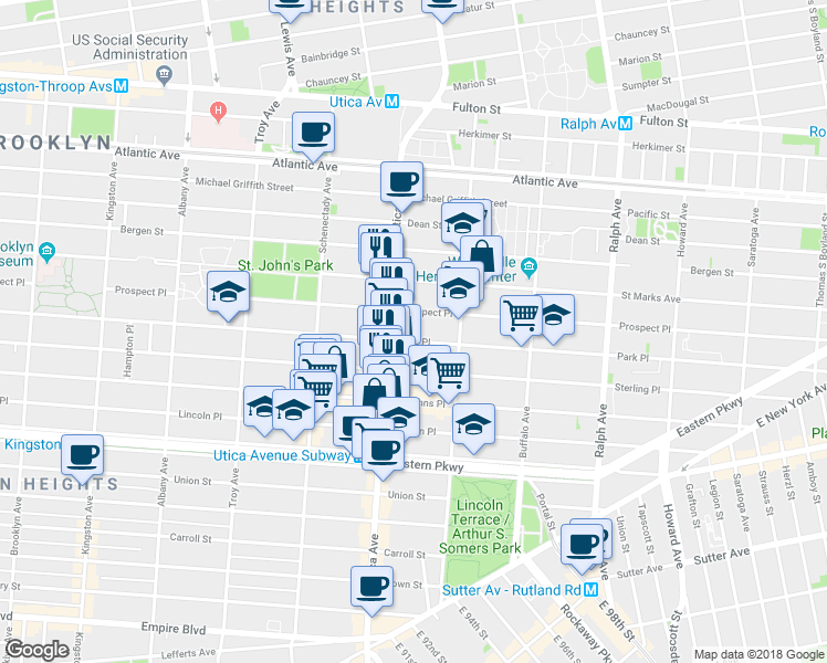 map of restaurants, bars, coffee shops, grocery stores, and more near 187 Utica Avenue in Brooklyn