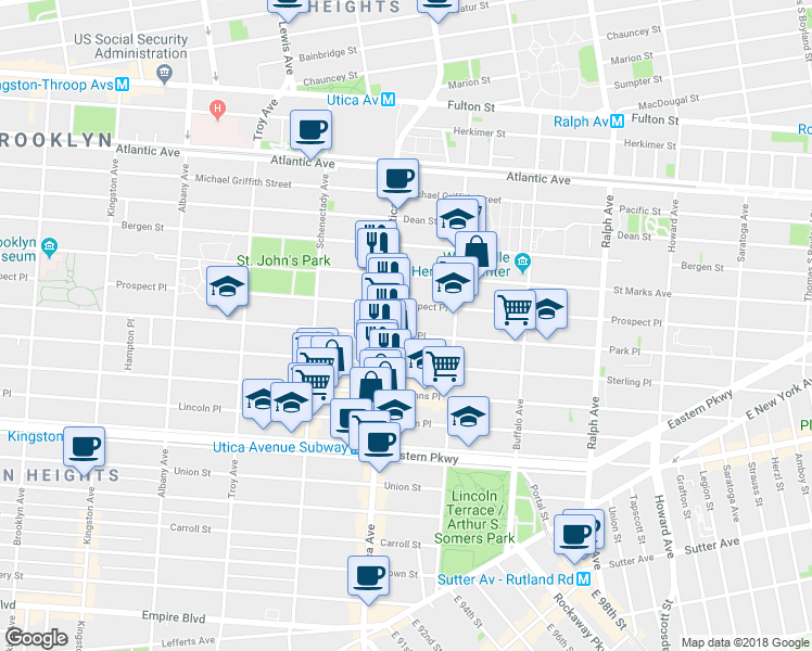 map of restaurants, bars, coffee shops, grocery stores, and more near 187 Utica Avenue in Brooklyn