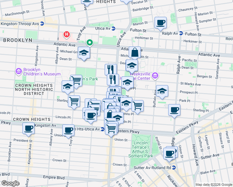 map of restaurants, bars, coffee shops, grocery stores, and more near 187 Utica Avenue in Brooklyn