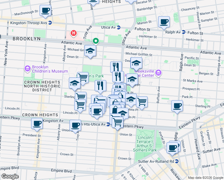map of restaurants, bars, coffee shops, grocery stores, and more near 1373 Park Place in Brooklyn