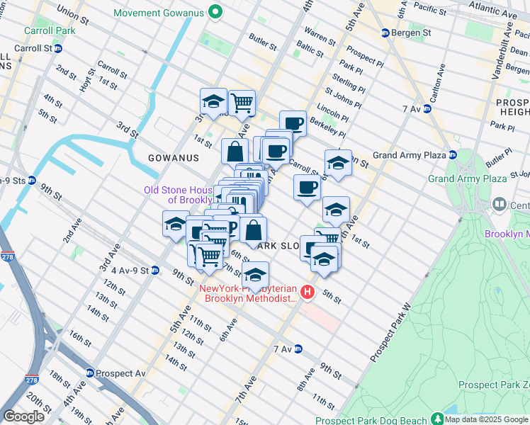 map of restaurants, bars, coffee shops, grocery stores, and more near 341 5th Avenue in Brooklyn