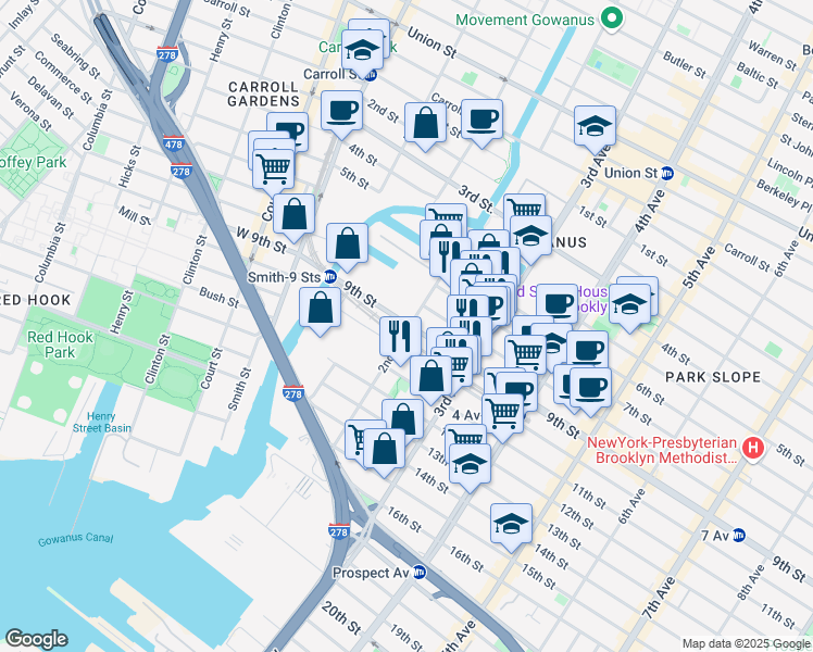map of restaurants, bars, coffee shops, grocery stores, and more near 104 9th Street in Brooklyn
