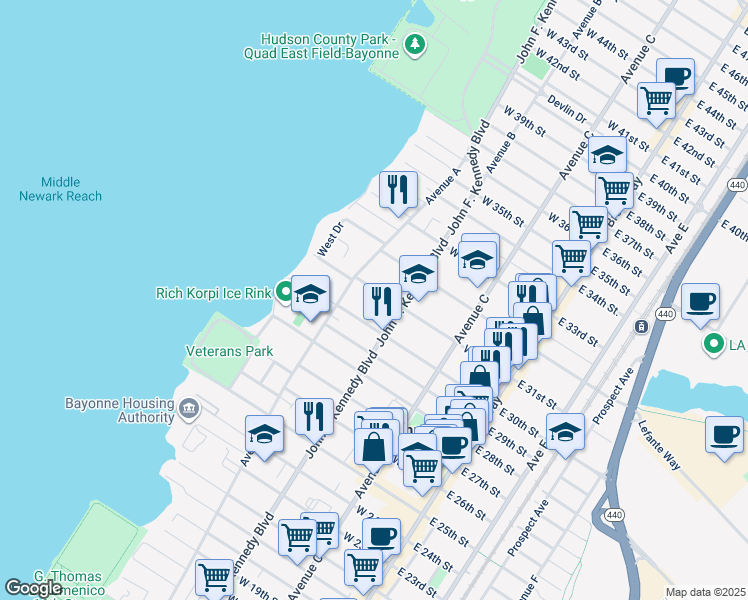 map of restaurants, bars, coffee shops, grocery stores, and more near 143 West 30th Street in Bayonne