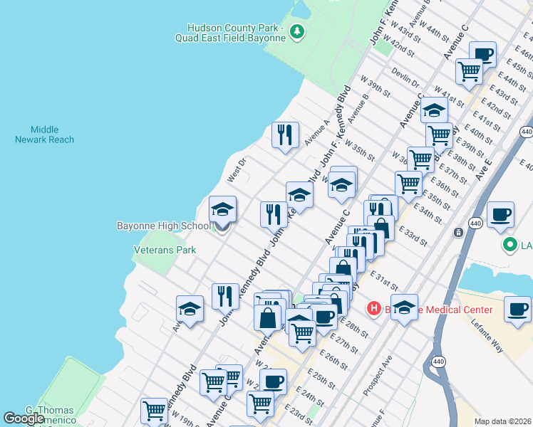 map of restaurants, bars, coffee shops, grocery stores, and more near 143 West 30th Street in Bayonne