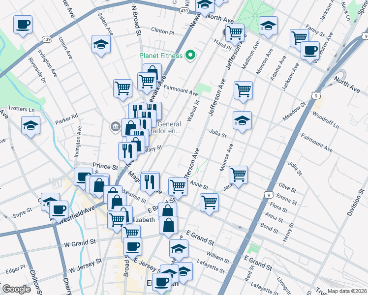 map of restaurants, bars, coffee shops, grocery stores, and more near 1147 Mary Street in Elizabeth