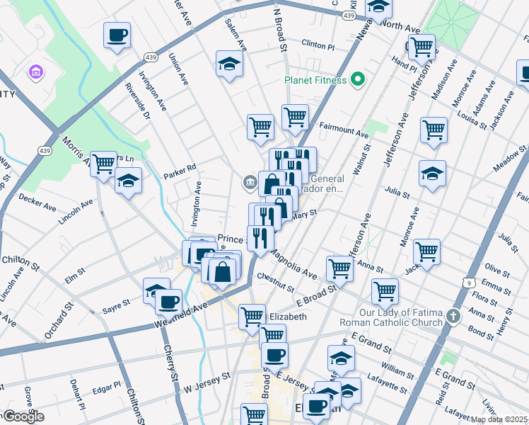 map of restaurants, bars, coffee shops, grocery stores, and more near 432 Westminster Avenue in Elizabeth