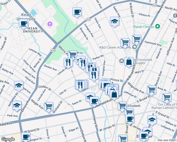 map of restaurants, bars, coffee shops, grocery stores, and more near in Elizabeth