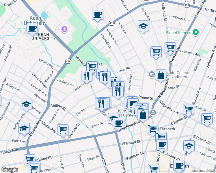 map of restaurants, bars, coffee shops, grocery stores, and more near 506 Morris Avenue in Elizabeth