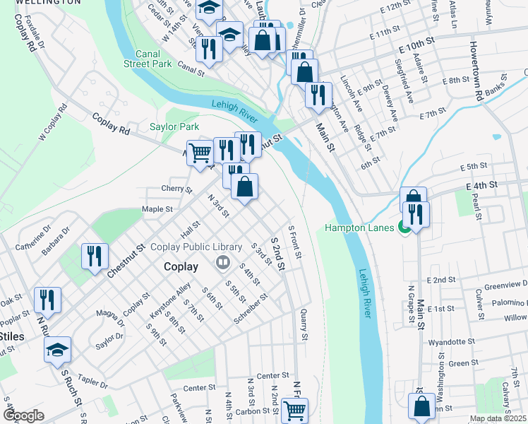 map of restaurants, bars, coffee shops, grocery stores, and more near 123 Keystone Alley in Coplay