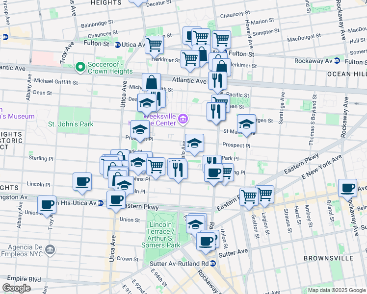 map of restaurants, bars, coffee shops, grocery stores, and more near Buffalo Avenue in Brooklyn