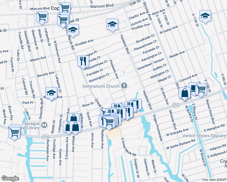 map of restaurants, bars, coffee shops, grocery stores, and more near 84A Abbington Court in Copiague