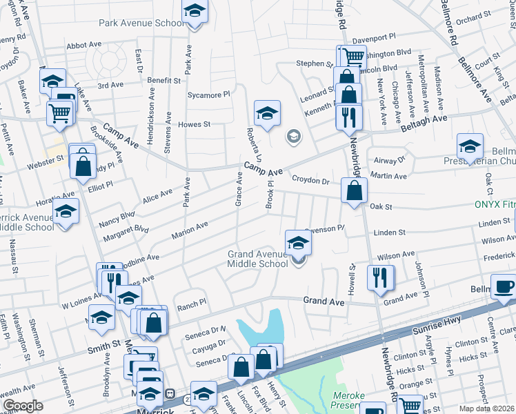 map of restaurants, bars, coffee shops, grocery stores, and more near 219 Woodbine Avenue in Merrick