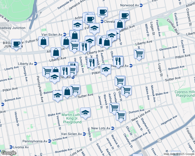 map of restaurants, bars, coffee shops, grocery stores, and more near 417 Barbey Street in Brooklyn