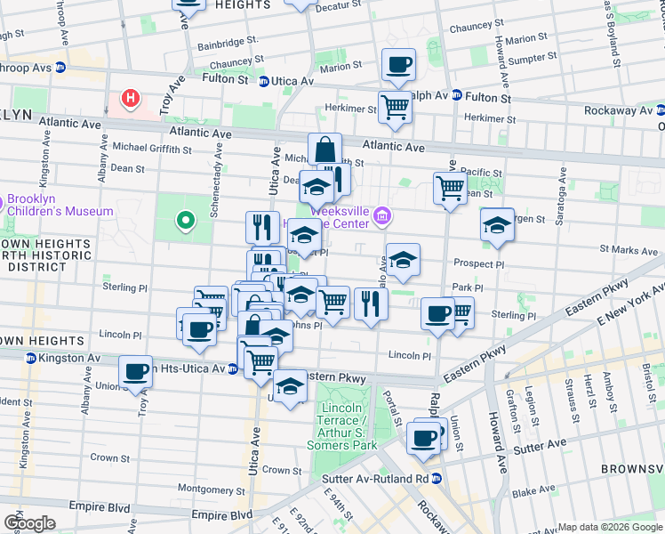 map of restaurants, bars, coffee shops, grocery stores, and more near 1505 Park Place in Brooklyn