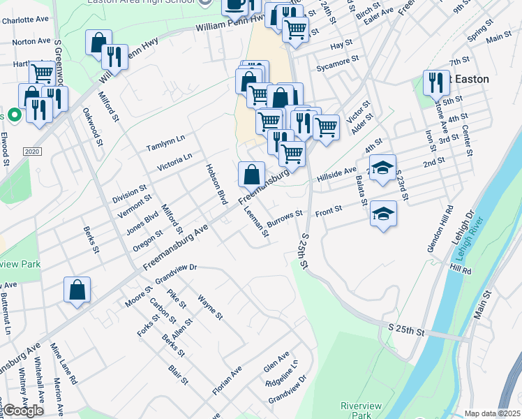 map of restaurants, bars, coffee shops, grocery stores, and more near 1115 Keane Street in Easton
