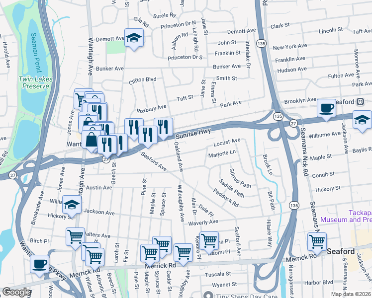map of restaurants, bars, coffee shops, grocery stores, and more near 3525 Locust Avenue in Wantagh