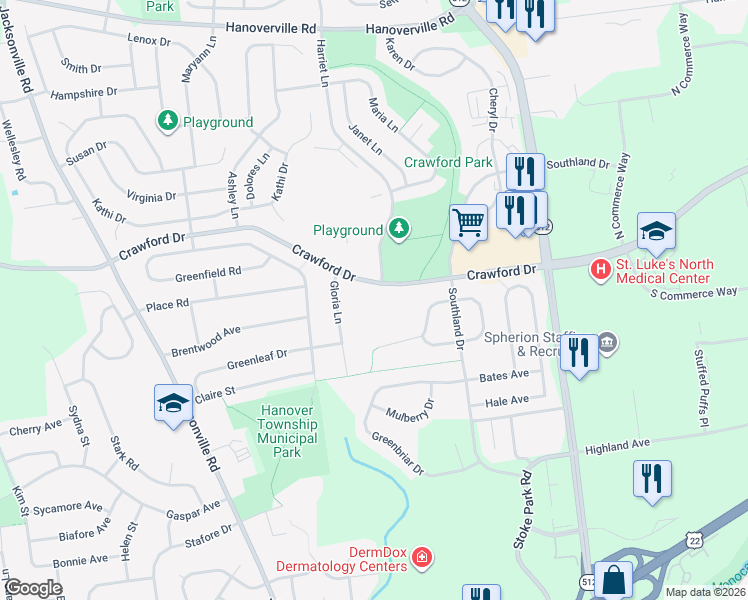 map of restaurants, bars, coffee shops, grocery stores, and more near 5709 Crawford Drive in Bethlehem