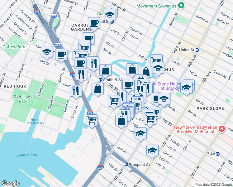 map of restaurants, bars, coffee shops, grocery stores, and more near 3 10th Street in Brooklyn