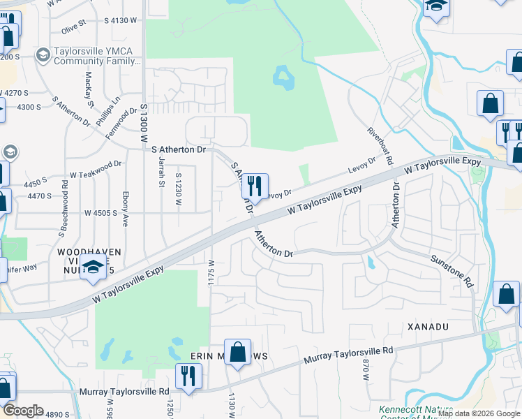 map of restaurants, bars, coffee shops, grocery stores, and more near 1065 West Levoy Drive in Taylorsville