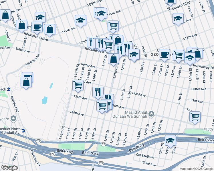 map of restaurants, bars, coffee shops, grocery stores, and more near 130-59 118th Street in Queens